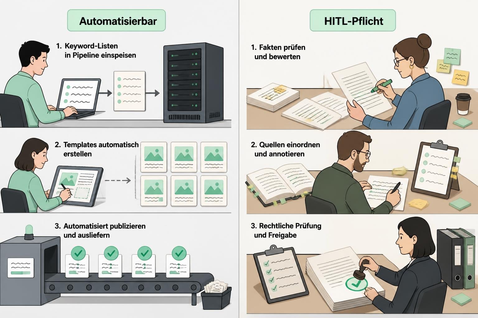 Links automatisierte Schritte mit Template‑Karten, rechts menschliche QA und Expertenprüfung, markiert mit ‚Automatisierbar‘ und ‚HITL‑Pflicht‘.