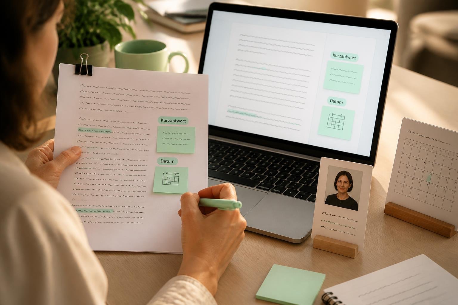 Redakteur markiert eine Kurzantwort und das sichtbare Datum auf Laptop/Print, strukturierte Blöcke mit Platzhaltertext