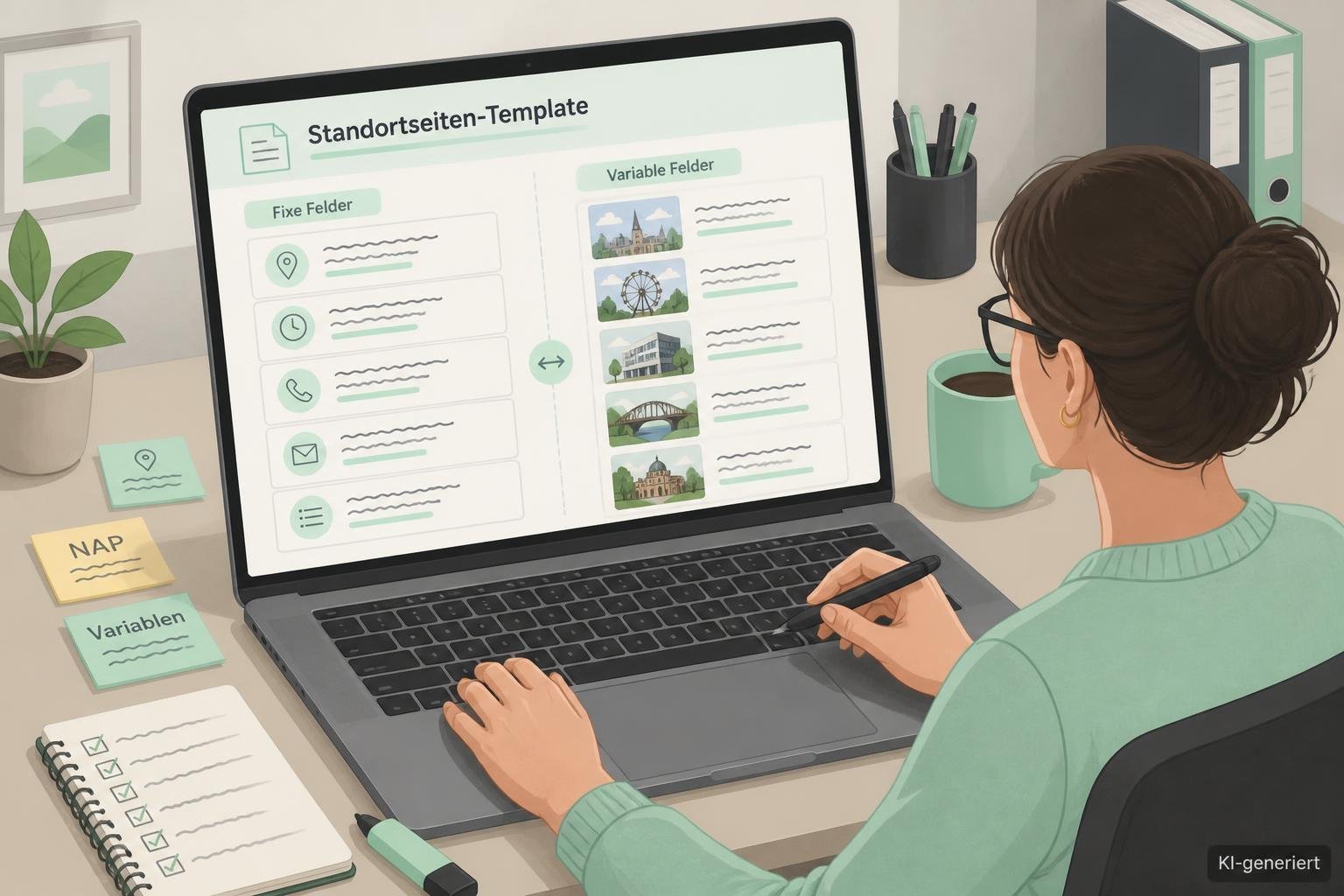 Illustration: Redakteur füllt Standortseiten-Template am Laptop, NAP- und Variablen-Felder sichtbar, Platzhaltertexte.