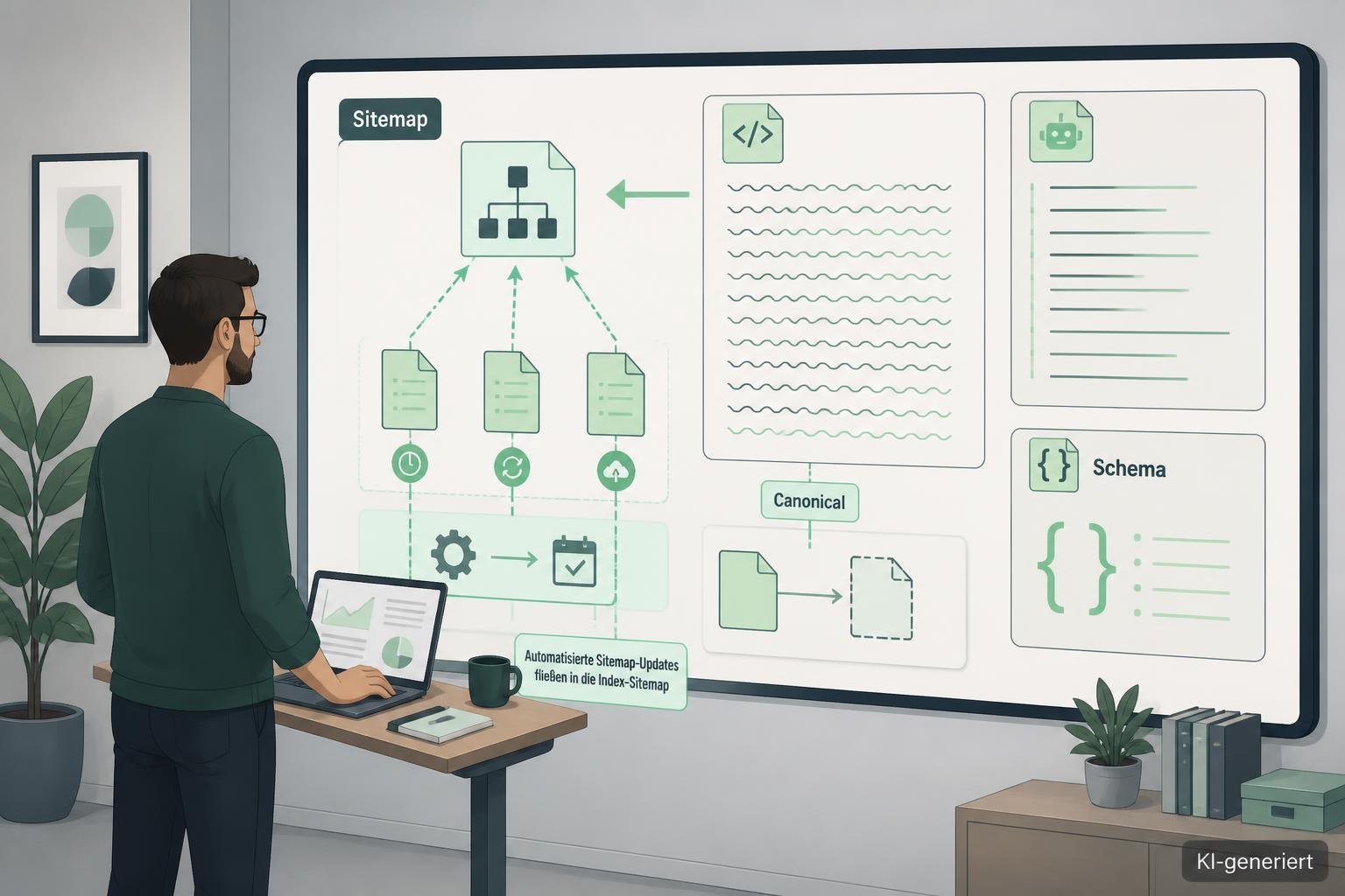 Technische Illustration: SEO-Spezialist prüft automatisierte XML-Sitemaps, robots.txt-Auszüge und Schema/Canonical-Karten.