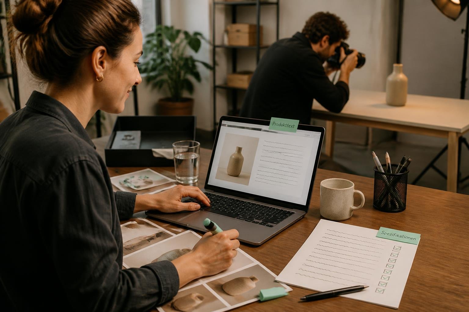 Content‑Manager arbeitet an Produktdetailseite: Laptop, Produktfotos, Spezifikations‑Sheet mit Platzhaltertext und Notizen.