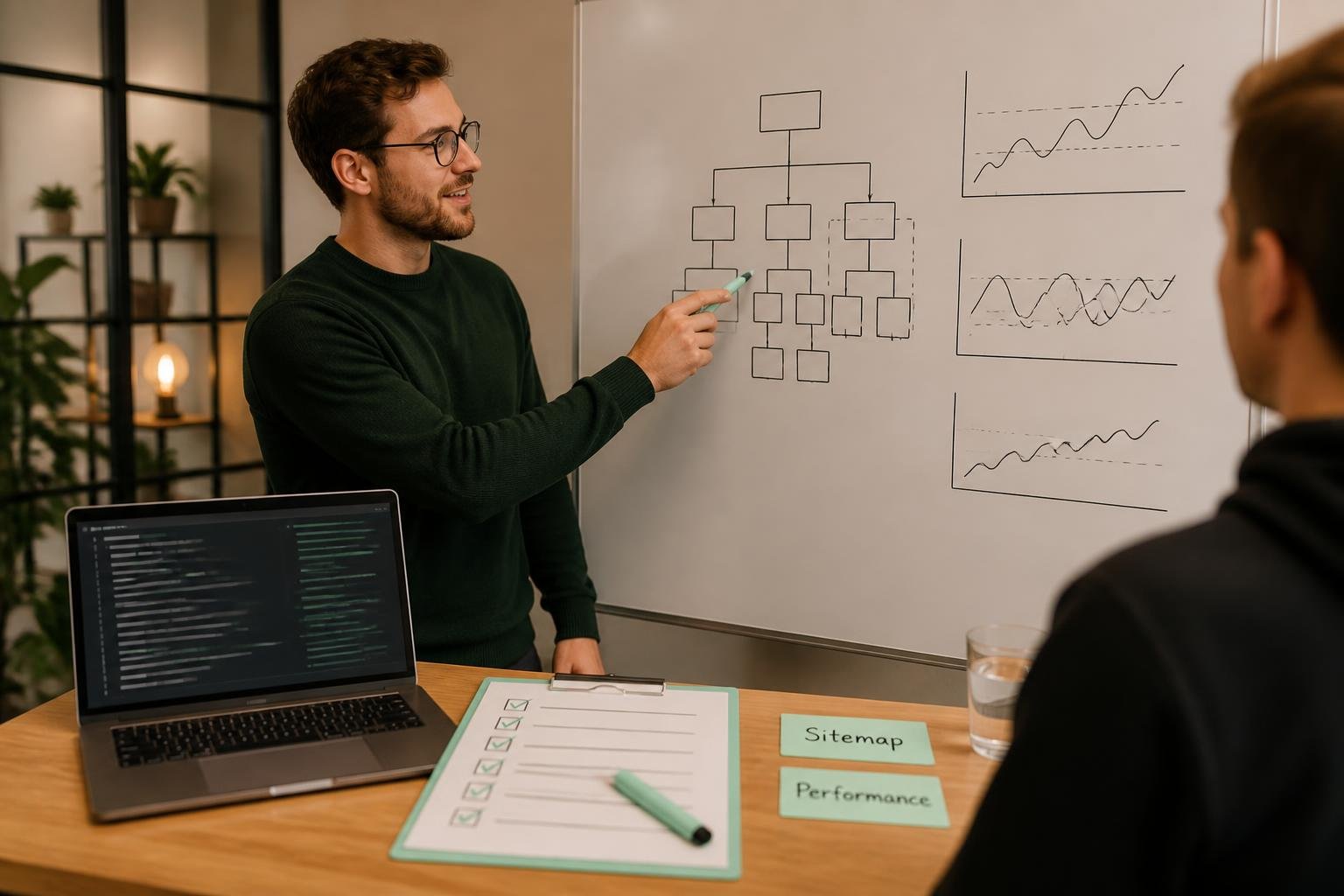 Developer prüft Sitemap und Performance‑Checkliste am Whiteboard, Logs und abstrakte Diagramme als Platzhalter sichtbar.
