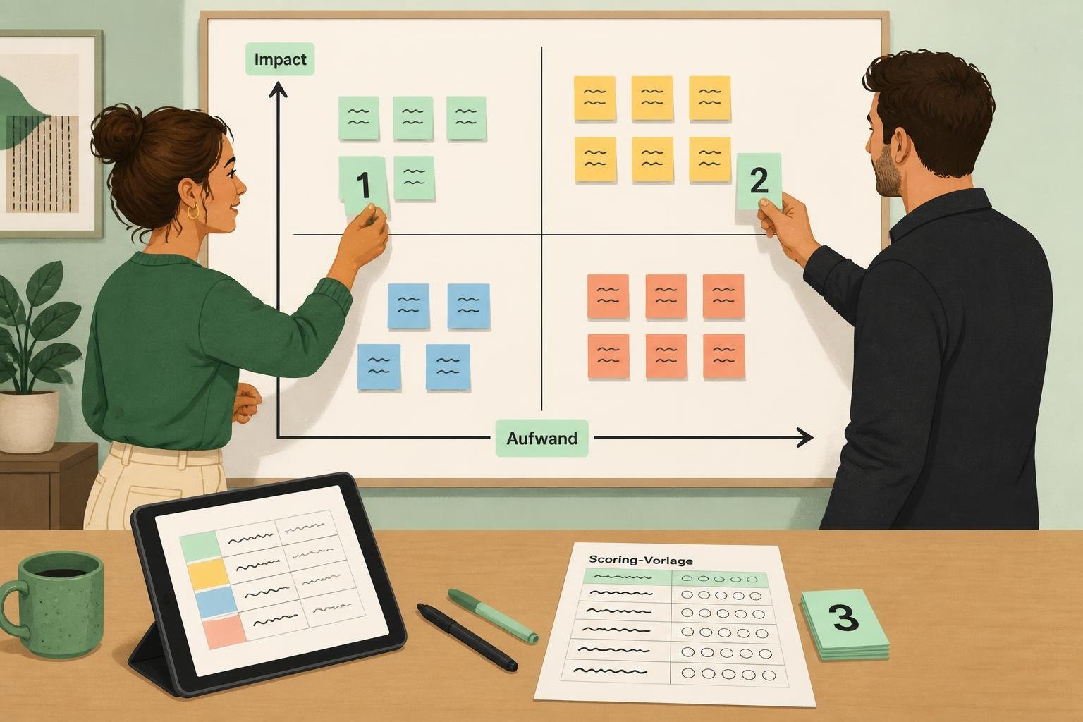 Team skizziert Impact‑vs‑Effort‑Matrix auf Whiteboard mit Haftnotizen, Beschriftungen 'Impact' und 'Aufwand'.