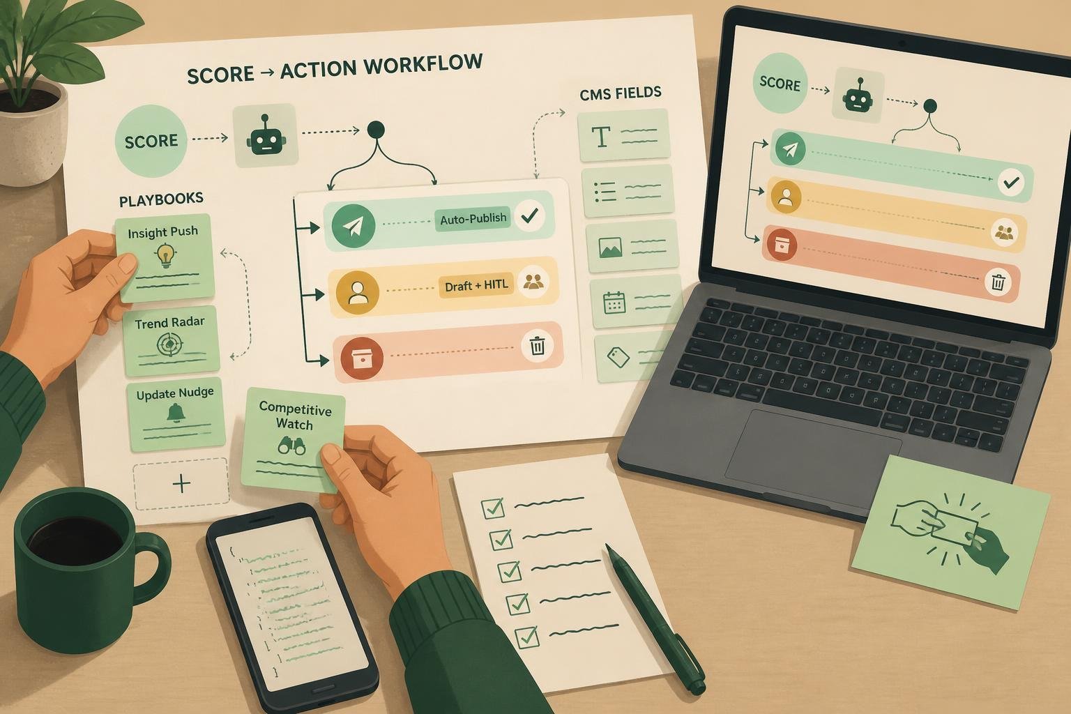 Projektmanager zeichnet Score→Aktion‑Flow auf Laptop mit Playbook‑Karten, Labels 'Auto‑Publish' und 'Draft + HITL'.