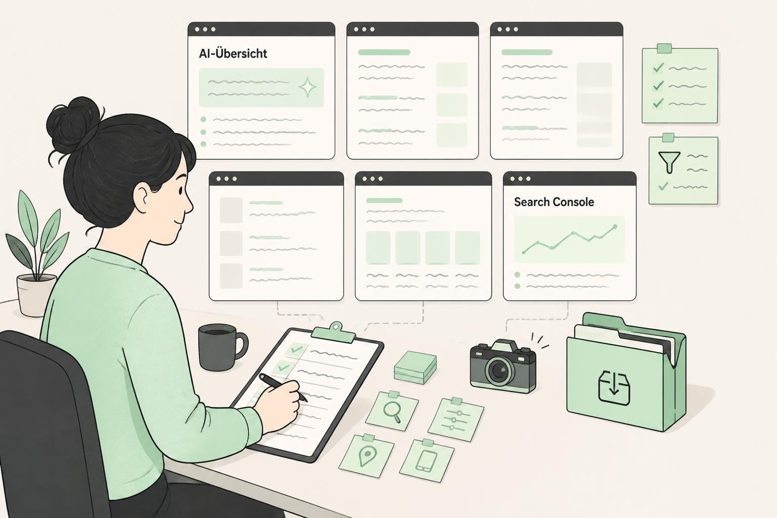 Illustration einer Person, die acht Sichtbarkeitstests durchführt (AI‑Übersicht, Search Console), mehrere Browser-Karten mit Platzhaltertext.