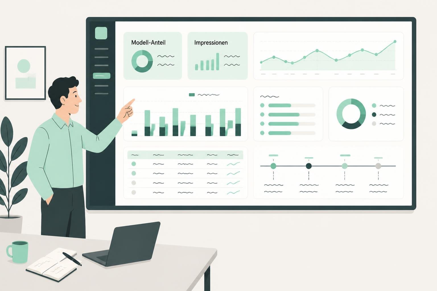 Illustration eines Monitoring-Dashboards mit 'Modell‑Anteil' und 'Impressionen', Charts und Platzhaltertext zur KI‑Sichtbarkeit.