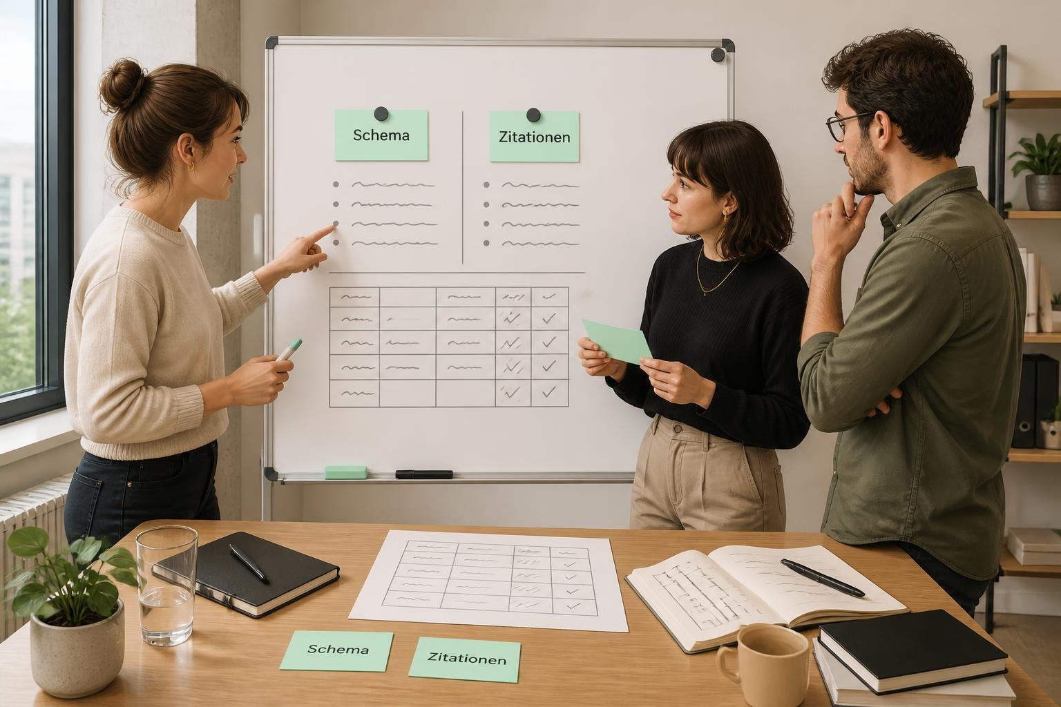 Team am Whiteboard prüft Kriterien, welche Quellen KI‑Systeme wählen; Karten mit 'Schema' und 'Zitationen' und Platzhaltertext zeigen Auswahlprozess.