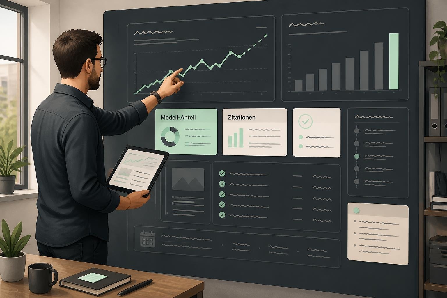 Monitoring‑Illustration: Analyst vor stilisiertem Dashboard mit Diagrammen für Modell‑Anteil und Zitationen, Berichtskarten und Platzhaltertext.