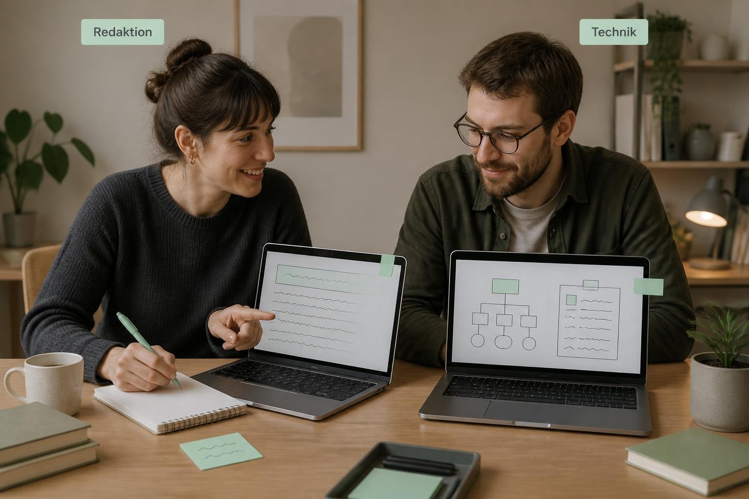 Redakteurin und Entwickler arbeiten nebeneinander: redaktionelle Kurzantwort links, technische Signale rechts, schematisch dargestellt.