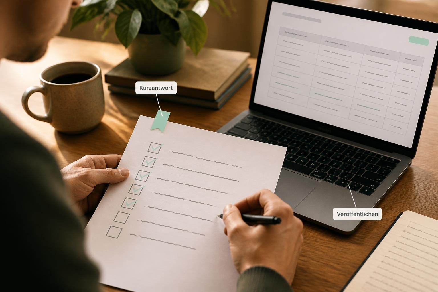 Person arbeitet eine Checkliste ab: Fokus auf ‚Kurzantwort‘ und ‚Veröffentlichen‘, Bildschirm mit schematischen Tabellen und Platzhaltertext.