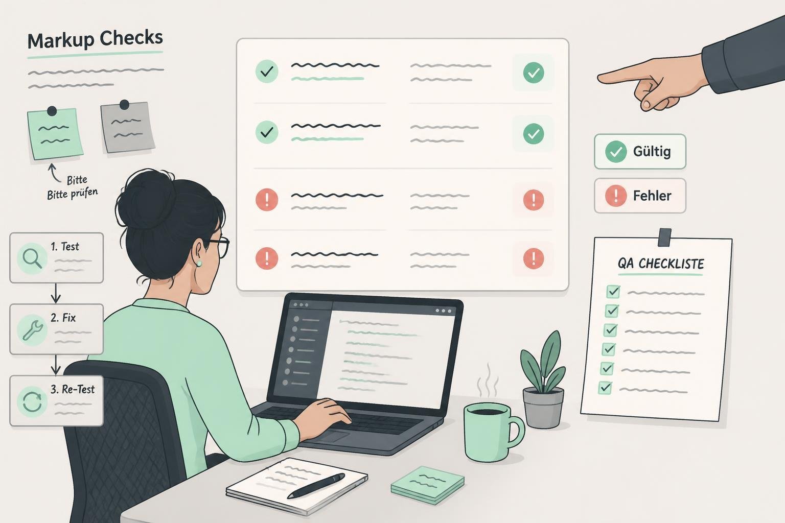Illustration: QA/SEO testet JSON‑LD mit Prüfungsliste, grüne Prüfzeichen und rote Fehler‑Badges mit den Labels "Gültig" und "Fehler", mint Akzente.