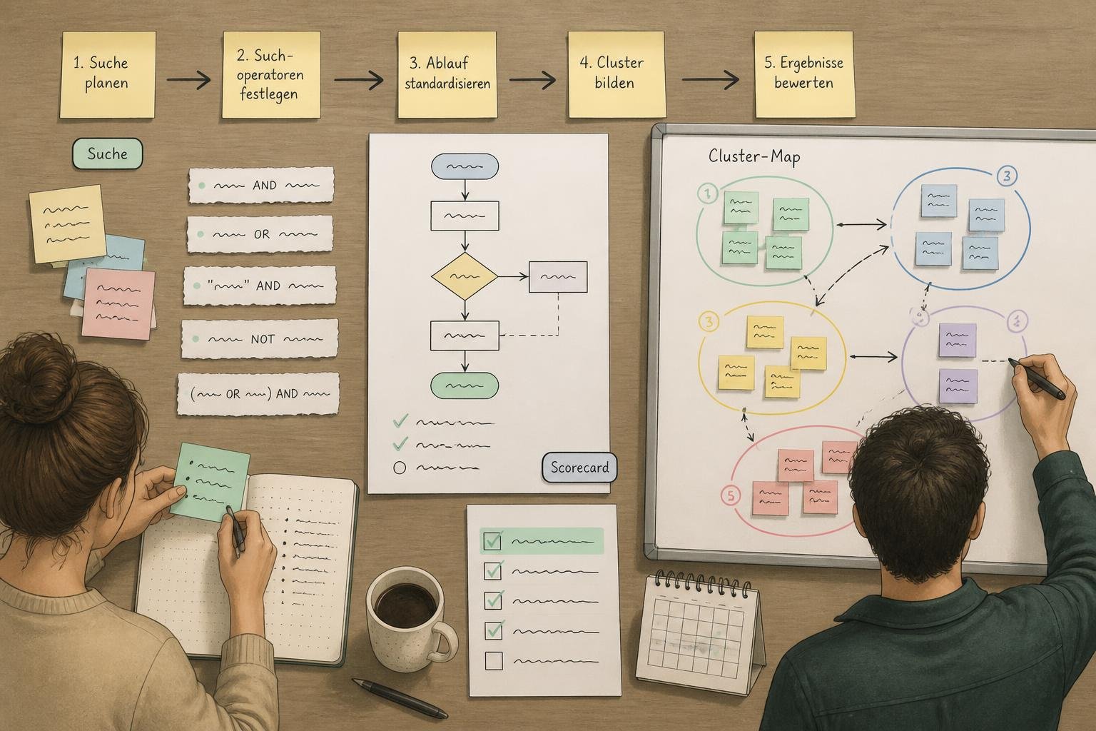 Illustration: Content‑Manager mappt Workflow mit Suchoperatoren, Scorecard und Prospecting‑Notizen.