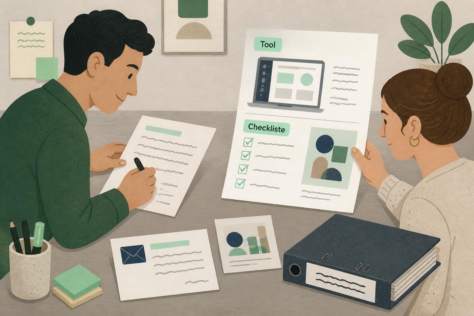 Illustration: Kurzer Outreach‑Pitch an Redaktion mit Tool‑Mockup, Checkliste‑Tags und zugeschnittenen Assets.