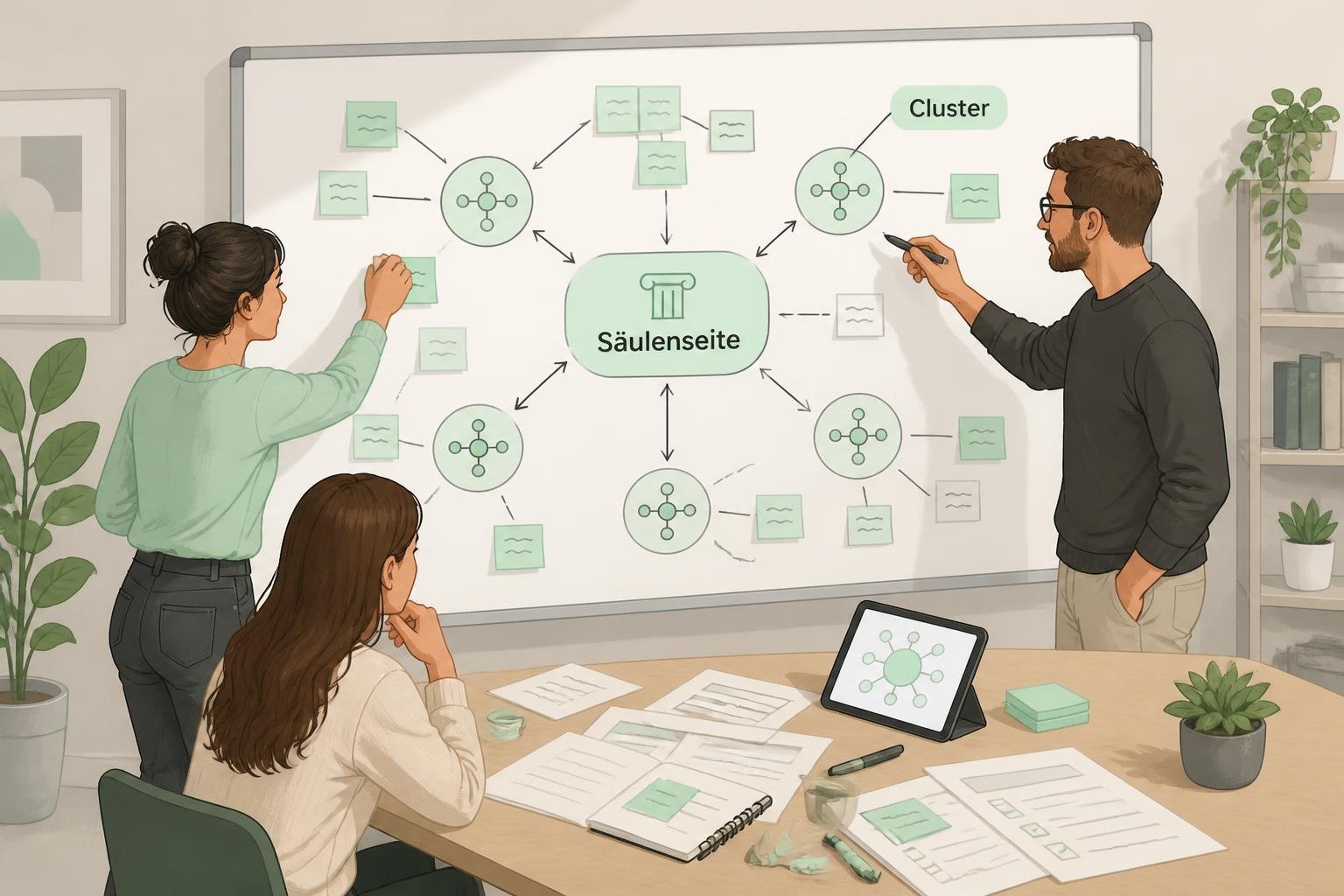 Team am Whiteboard mit Mind‑Map: Säulenseite in der Mitte, Cluster‑Äste, Notizen und Link‑Verbindungen sichtbar.