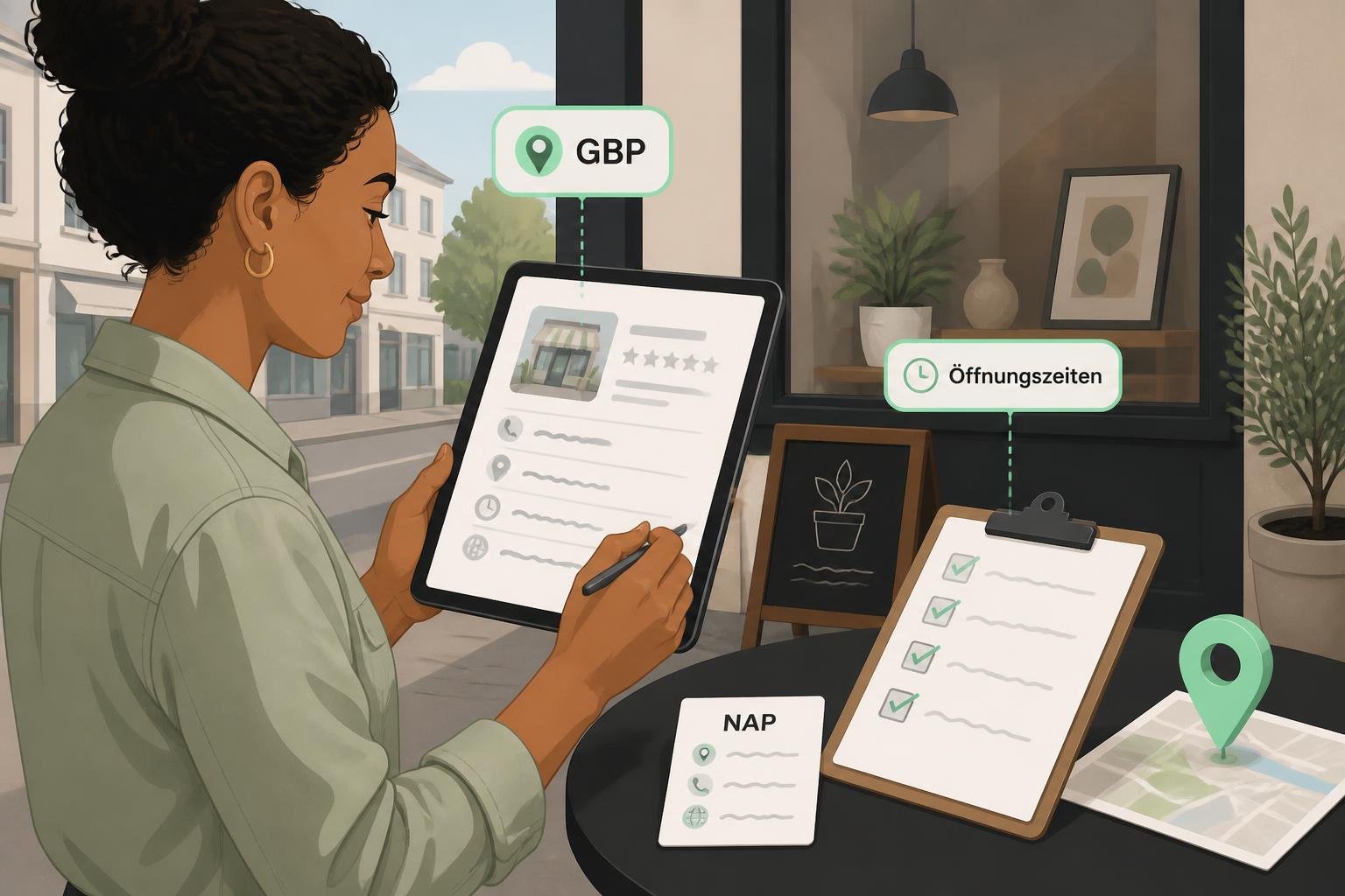Person aktualisiert GBP auf Tablet vor einem Schaufenster; Checkliste mit NAP, Öffnungszeiten und Karte als visuelle Elemente.