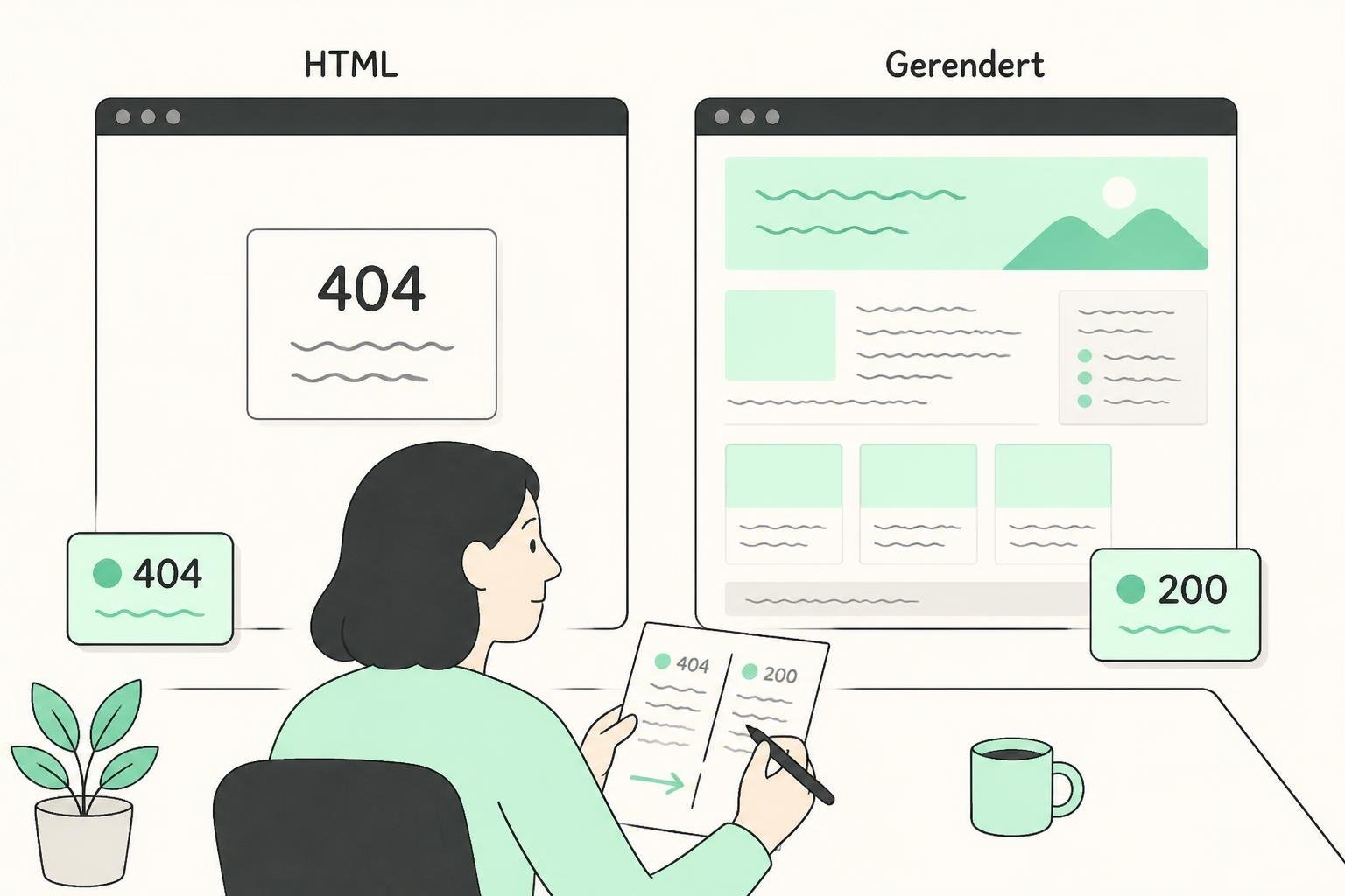 Eine SEO-Fachkraft vergleicht eine HTML-Antwort mit einer gerenderten Seite und prüft die Statuscodes 404 und 200.