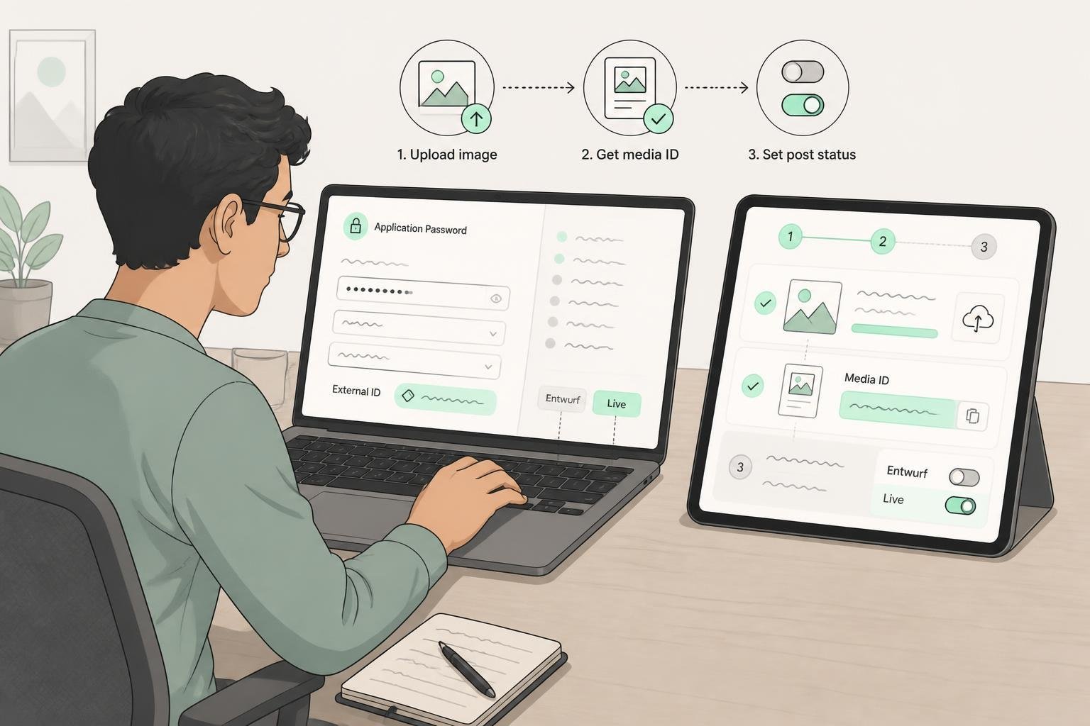 Illustration eines Entwicklers, der Application Password, External‑ID und Bildupload für idempotentes Auto‑Publish via WordPress REST API konfiguriert.