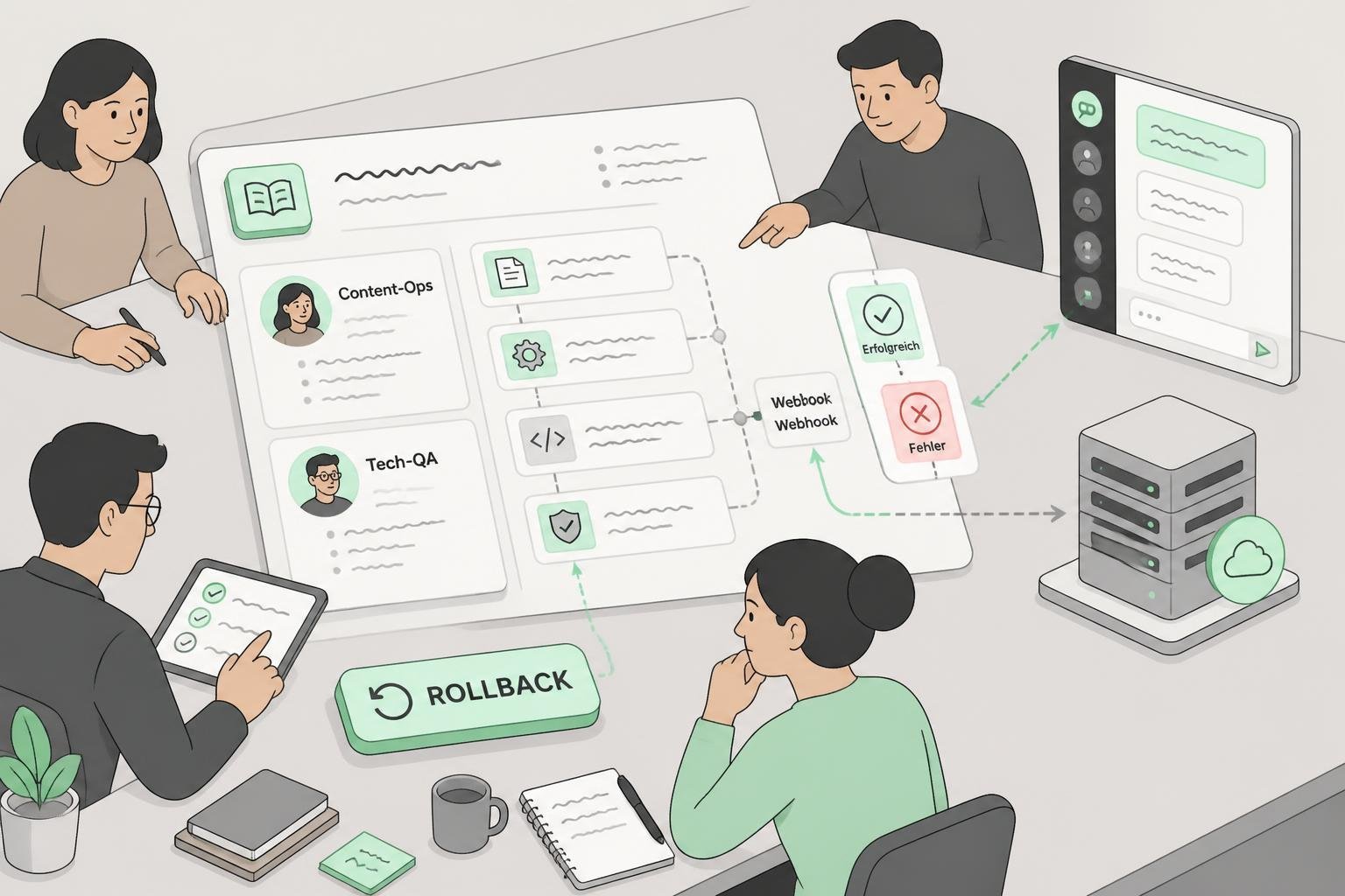 Isometrische Illustration des Auto‑Publish‑Playbooks: Rollen, Webhooks zu Chat/ Staging und ein sichtbarer Rollback‑Knopf zur Fehlerbehandlung.