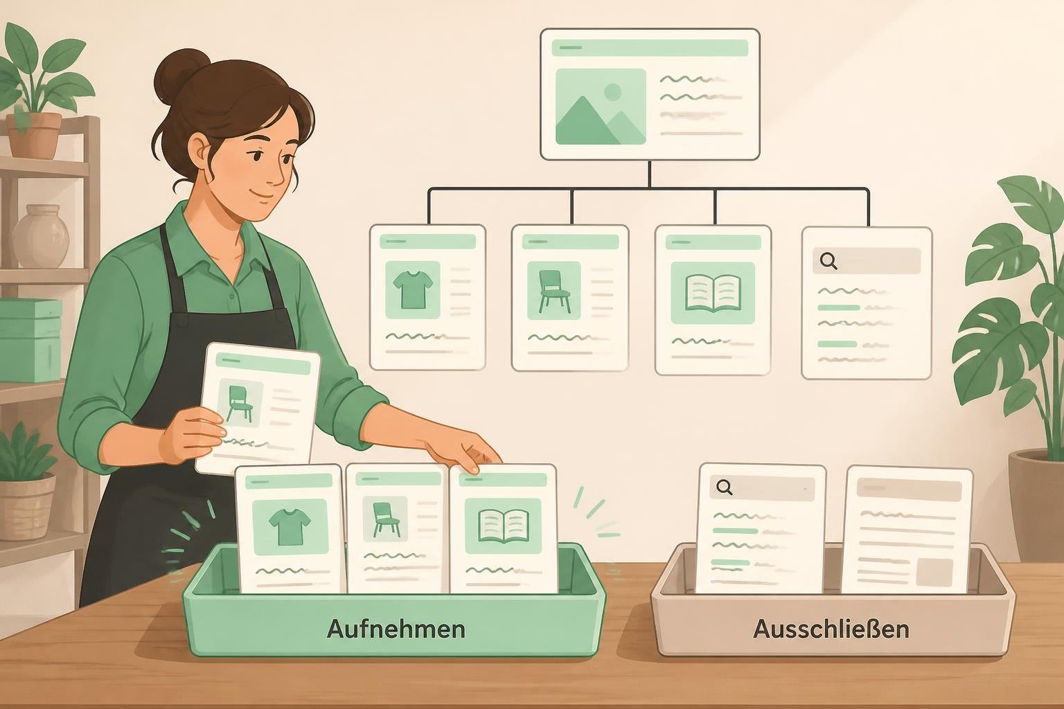Eine Shop-Managerin sortiert bevorzugte Produkt- und Ratgeberseiten in die Sitemap und lässt Suchseiten außen vor.